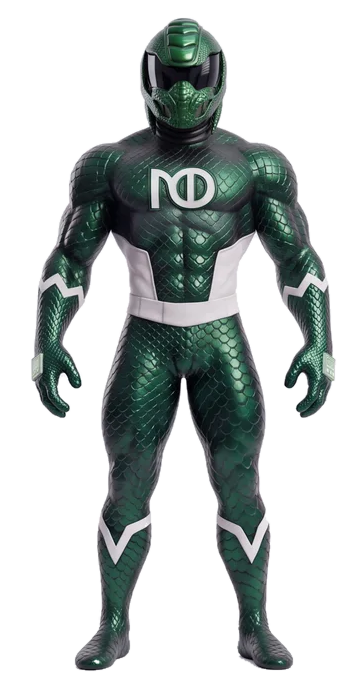 Supermo wearing futuristic green armor and a helmet